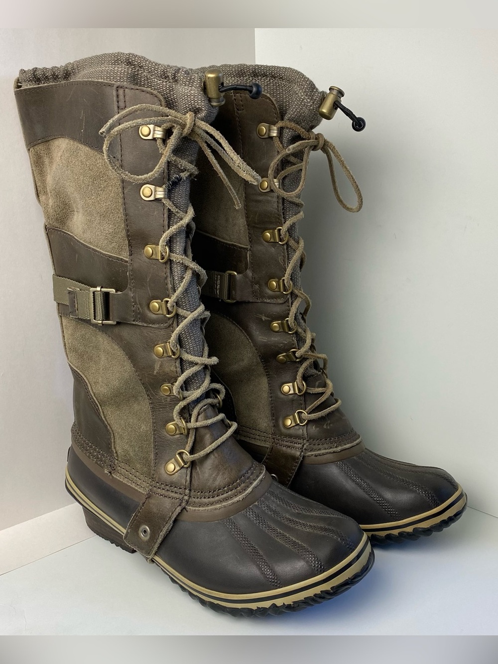 Sorel Conquest Carly Boots Womens 9 Brown Tan Green Lace Up NL2033-208